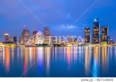 Detroit skyline in Michigan, USA at sunset 80718808