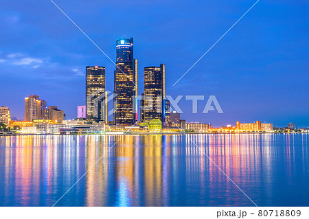 Detroit skyline in Michigan, USA at sunset 80718809