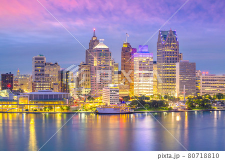 Detroit skyline in Michigan, USA at sunset 80718810