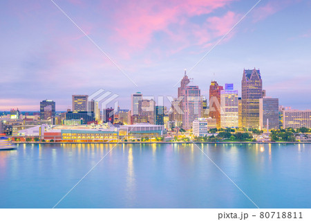 Detroit skyline in Michigan, USA at sunset 80718811