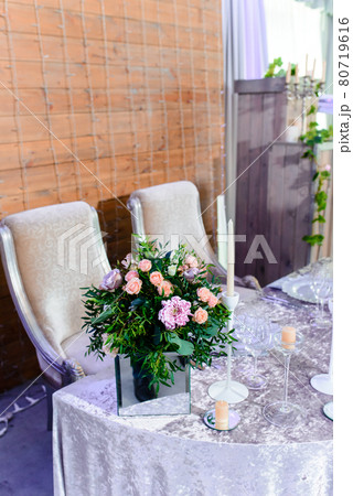 Festively served table at restaurant for a banquet. Festively served table at restaurant for a banquet. 80719616