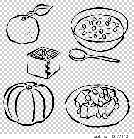 墨絵風の冬至に食べる食材や料理のベクターイラストセットのイラスト素材