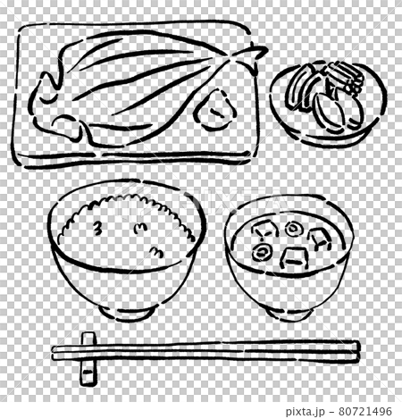 墨絵風の焼魚と漬物と味噌汁とごはんの食事のベクターイラストのイラスト素材