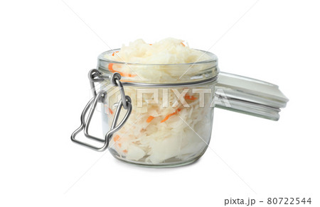 Glass jar of tasty fermented cabbage isolated on white 80722544