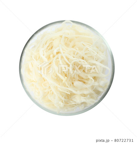 Glass bowl of tasty fermented cabbage isolated on white, top view 80722731