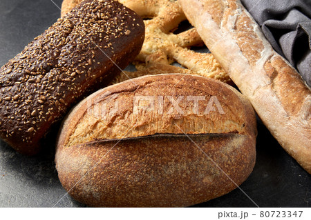 close up of different bread on kitchen towel close up of different bread on kitchen towel 80723347