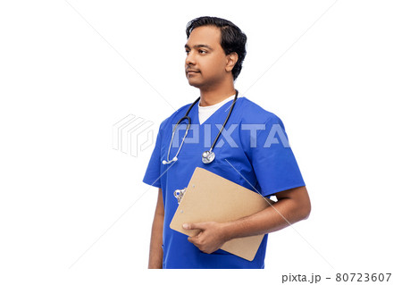 indian male doctor with clipboard and stethoscope indian male doctor with clipboard and stethoscope 80723607