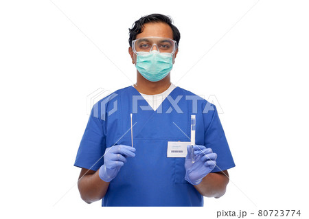 male doctor in mask with cotton swab and test tube 80723774