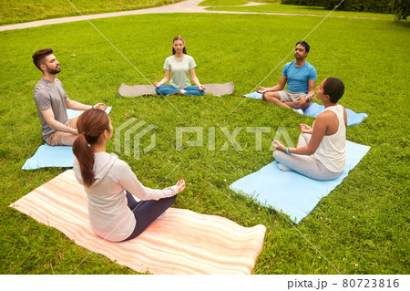 group of people doing yoga at summer park group of people doing yoga at summer park 80723816