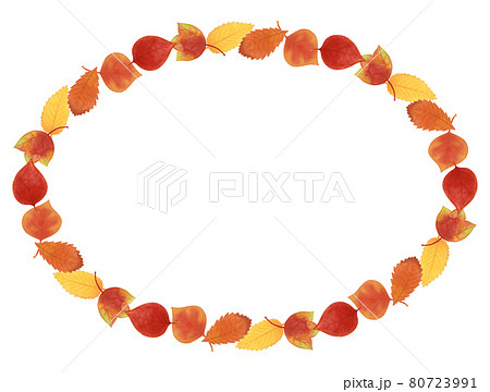 ナチュラルかわいい 色鉛筆手描き 秋の紅葉 葉っぱのフレーム 楕円のイラスト素材