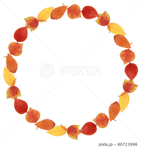 ナチュラルかわいい 色鉛筆手描き 秋の紅葉 葉っぱのフレームのイラスト素材