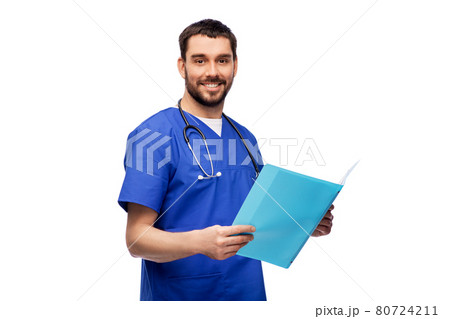 happy male doctor reading medical report in folder happy male doctor reading medical report in folder 80724211