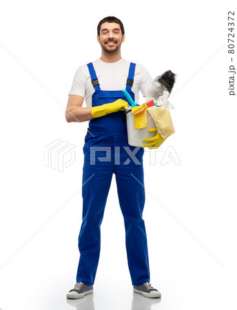 male cleaner in overal with cleaning supplies 80724372