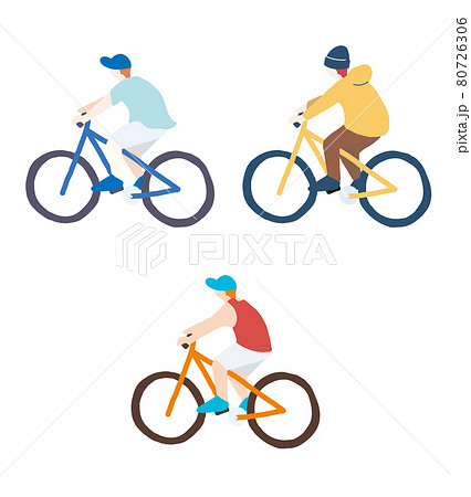 自転車を漕ぐ人々のベタ塗りイラストセットのイラスト素材