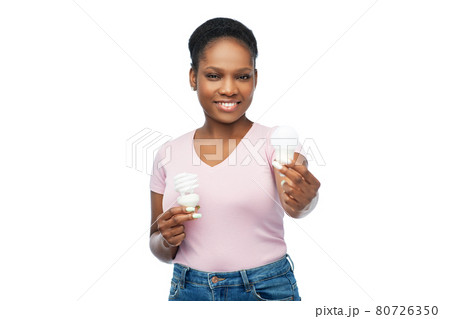 african american woman holding lighting bulbs african american woman holding lighting bulbs 80726350