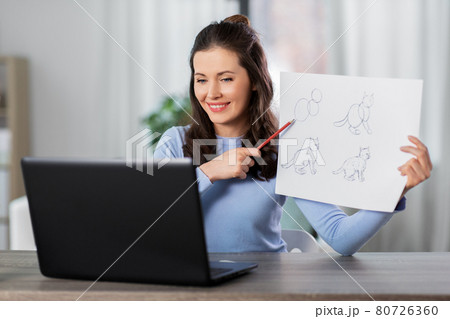 teacher with tutorial having online class of arts teacher with tutorial having online class of arts 80726360