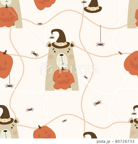 Halloween seamless pattern. Cute bear in a witch hat with pumpkin Jack on a light background with geometric lines and spiders. Vector illustration for design, decor, textile and wallpaper. 80726733