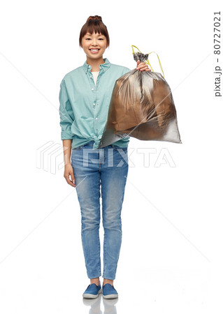 asian woman holding plastic trash bag with waste 80727021