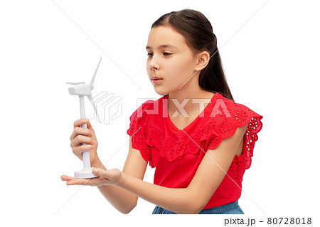 smiling girl with toy wind turbine 80728018
