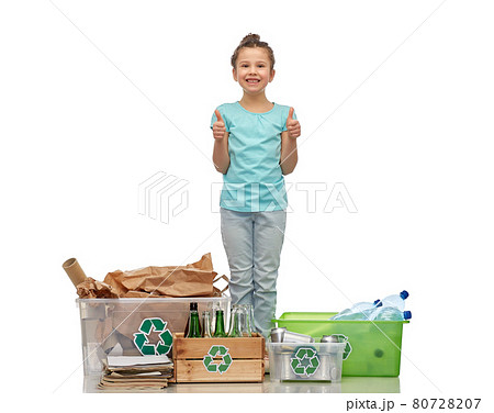happy girl sorting paper, metal and plastic waste happy girl sorting paper, metal and plastic waste 80728207