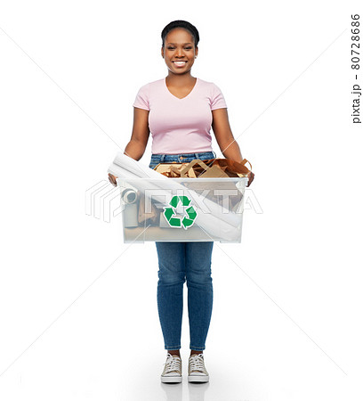 happy african american woman sorting paper waste happy african american woman sorting paper waste 80728686