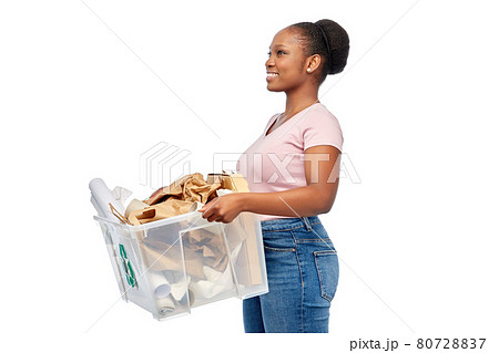 happy african american woman sorting paper waste happy african american woman sorting paper waste 80728837