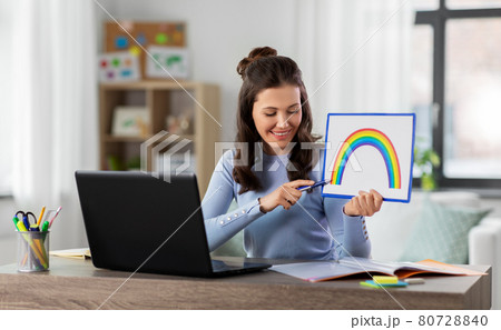 teacher with laptop having online class at home teacher with laptop having online class at home 80728840