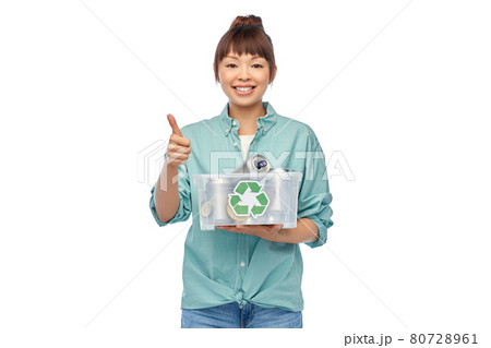 smiling young asian woman sorting metallic waste 80728961