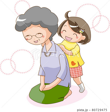 女の子がおばあちゃんの肩を叩くイラストのイラスト素材