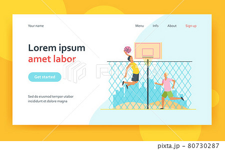Happy young men playing basketball on court 80730287