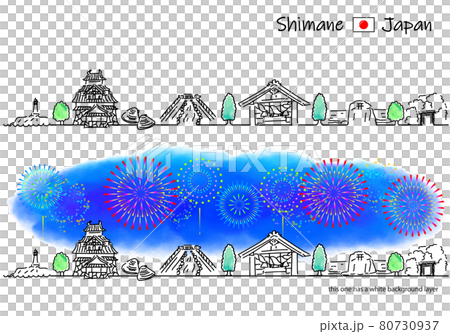 島根県の街並みと花火のシンプル線画セット 島根県の街並みと花火のシンプル線画セット 80730937