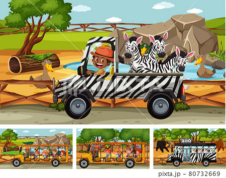 Different safari scenes with animals and kids... - Stock Illustration  [80732669] - PIXTA