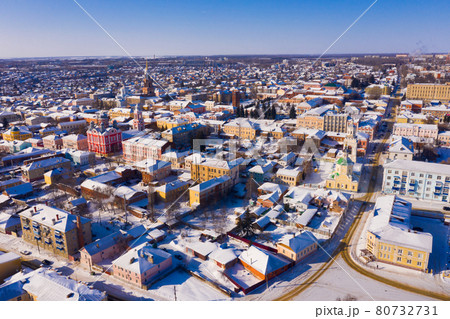 Aerial view of Yelets winter cityscape on sunny day 80732731