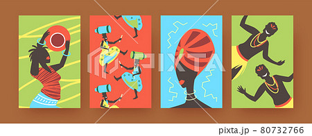 Set of contemporary art posters with African tribal dancing 80732766