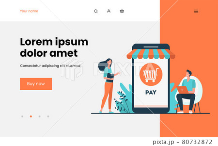 Joyful tiny customers paying in online store 80732872