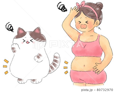太った女性と猫のイラスト素材