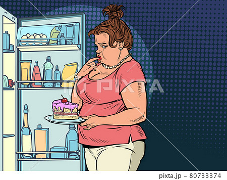 Fat woman at the open refrigerator with food, obesity and excess weight 80733374