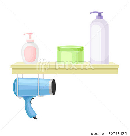 Bathroom Wall Mounted Shelf with Hygienic Accessories and Hair Dryer Vector Illustration 80733426