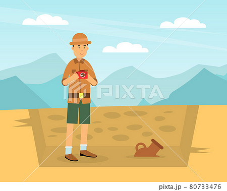 Man Archaeologist with Camera Taking Photo of Past Artifact and Material Remains Vector Illustration 80733476