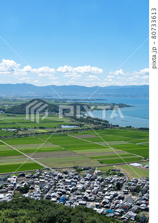 八幡山から俯瞰する夏の湖南の水田地帯と琵琶湖沿岸部 80733613