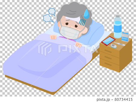 自宅療養 宿泊療養 咳をする高齢女性1 イラストのイラスト素材