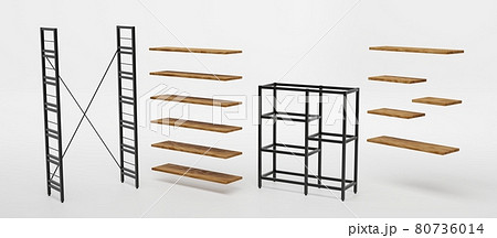 Empty wooden shelves and metal bases for manufacture racks isolated on white background, angle view. Interior design element in loft style, bookshelf mockup, home ledges furniture, 3d illustration Empty wooden shelves and metal bases for manufacture racks isolated on white background, angle view. Interior design element in loft style, bookshelf mockup, home ledges furniture, 3d illustration 80736014