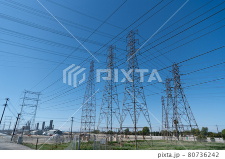 electrical power lines of pylon producing energy with voltage transmission, energy. 80736242