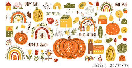 Autumn elements vector set. Autumn rainbows, pumpkins, houses. Fall clipart, harvest set, fall season elements 80736338