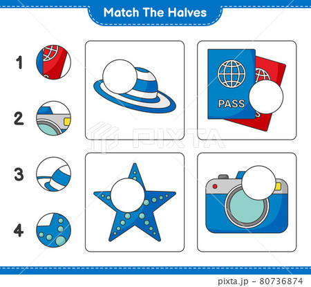Match the halves. Match halves of Summer Hat, Passport, Camera, and Starfish. Educational children game 80736874