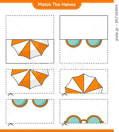 Match the halves. Match halves of Beach Umbrella and Sunglasses. Educational children game, printable worksheet, vector illustration 80736904