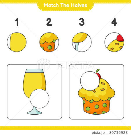 Match the halves. Match halves of Cup Cake and Cocktail. Educational children game, printable worksheet, vector illustration 80736928