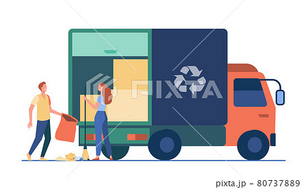 People loading garbage into truck 80737889