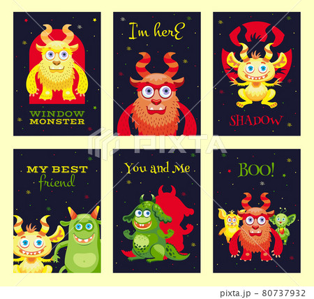 Modern greeting card designs with furry monsters. 80737932