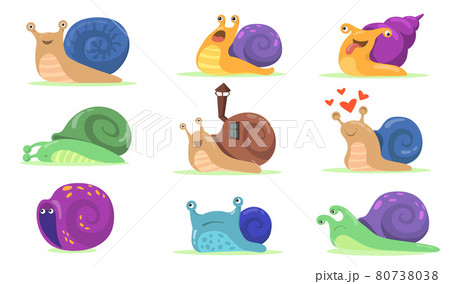 Funny Snail Characters Flat Set For Web Designのイラスト素材